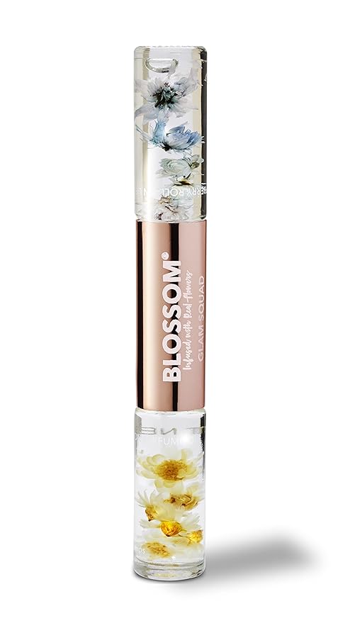 Blossom Lip Gloss & Roll On Perfume for Women, Glam Squad Double Sided Gift Set, Infused with Real Flowers, Bachelorette Gift, Made in USA 0.2oz, Raspberry/Coconut Nectar
