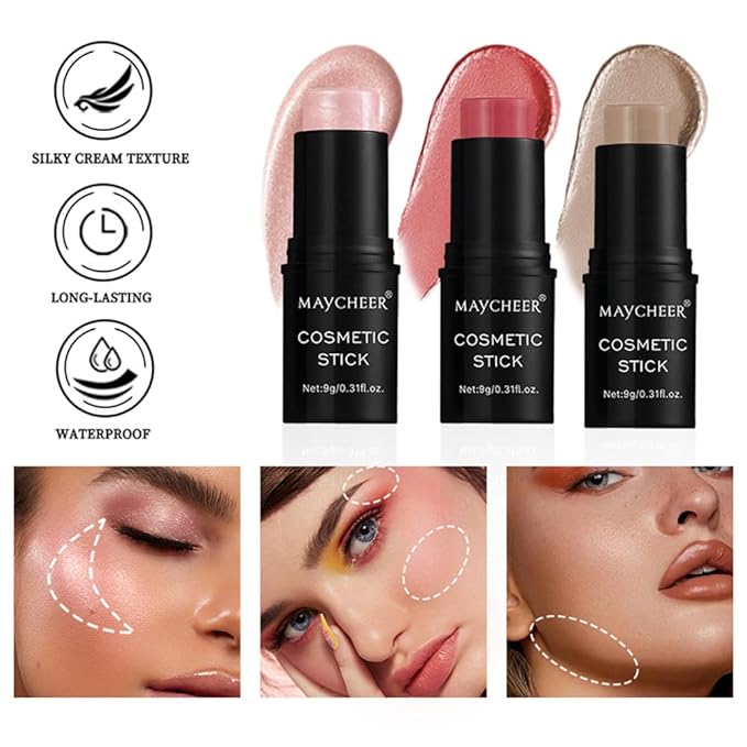 LAMUSELAND Cream Contour Stick Makeup Set, 3 Shades Face Blush Bronzer Contour Pen, Waterproof Long-lasting Matte Highlighter Stick for Fair Dark Skin (B, 3)