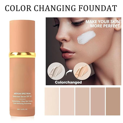 4 in 1 Foundation - Medium Spectrum with SPF 50+, Hydrating Color Changing Foundation Makeup Liquid Waterproof & Longwearing for Sport, Dancing (Natural Color)