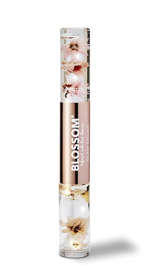 Blossom Lip Gloss & Roll On Perfume for Women, Glam Squad Double Sided Gift Set, Infused with Real Flowers, Bachelorette Gift, Made in USA 0.2oz, Watermelon/Rose