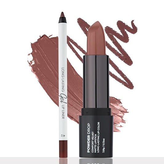 Fall Brown Matte Lip Essentials Bundle: Gel Lip Liner Pencil and Powder Drop Lipstick Set