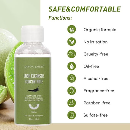 Eyelash Cleanser Concentrate 60ml Professional Lash Extensions Shampoo Natural Foaming Cleanser for Extensions Lashes with Salon Home Care-Makes 12 Bottles 60ml Eyelash Shampoo (melon)