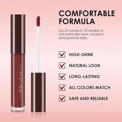 Hydrating Glow Lip Gloss Oil, Tinted Lip Plumper Lip Glosses Oil, Younger-Looking Lips Chocolate Scent, Non-Sticky Creamy Texture for Dry Lips, Brillo labial en aceite hidratante con brillo 12#