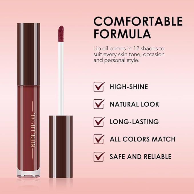 Hydrating Glow Lip Gloss Oil, Tinted Lip Plumper Lip Glosses Oil, Younger-Looking Lips Chocolate Scent, Non-Sticky Creamy Texture for Dry Lips, Brillo labial en aceite hidratante con brillo 12#