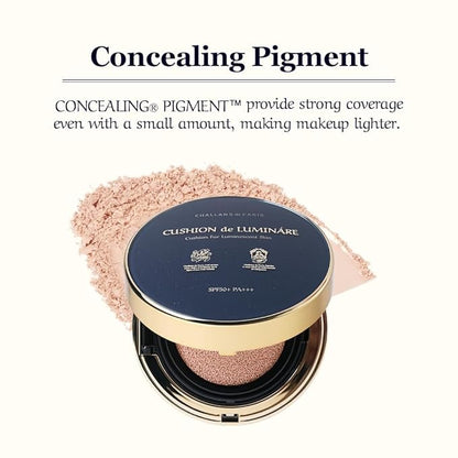 [CHALLANS de PARIS] Cushion de Lumináre Cream Foundation – Radiant Glow, Full Coverage, Long-Lasting Wear, Premium Formula, Smooth Finish, Volume, 21 Bright Ivory, 0.53 oz