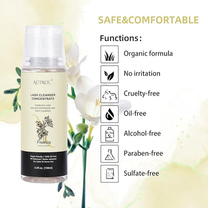 Eyelash Shampoo Concentrate 100ml Lash Extensions Cleanser Concentrate Freesia Natural Foaming Shampoo DIY Wash for Extensions Lashes with Salon Home Care-Makes 60ml Bottles