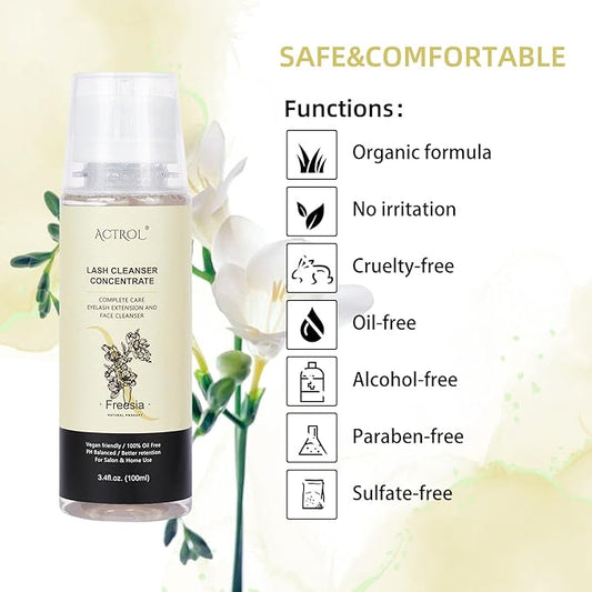 Eyelash Shampoo Concentrate 100ml Lash Extensions Cleanser Concentrate Freesia Natural Foaming Shampoo DIY Wash for Extensions Lashes with Salon Home Care-Makes 60ml Bottles
