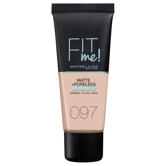 Maybelline Fit Me Foundation, Medium Coverage, Blendable With a Matte and Poreless Finish, For Normal to Oily Skin, Shade: 097 Natural Porcelain, 30ml