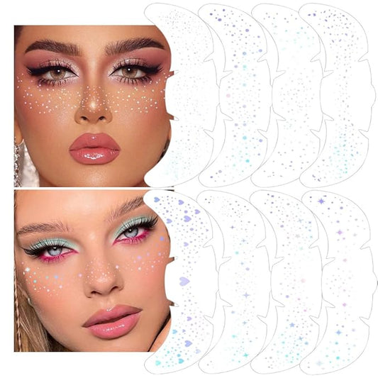 8Ps Face Glitter Speckles Patches, LaserSilver 8 styles Glitter Freckles Face Tattoo, Glow Up Makeup Patches, Cute Glitter Makeup Accessories for Women, Cosmetic Glitter for Face Gift