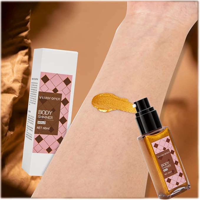 Body Glow Shimmer Body Oil Liquid Highlighter, Gold Shimmering Body Lotion Glitter Luminizer Moisturizing Waterproof, Natural Skin Shimmer For Body and Face Makeup Women Men (60ml/2 oz)