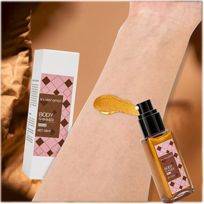 Body Glow Shimmer Body Oil Liquid Highlighter, Gold Shimmering Body Lotion Glitter Luminizer Moisturizing Waterproof, Natural Skin Shimmer For Body and Face Makeup Women Men (60ml/2 oz)