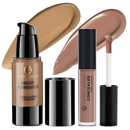 YOUNG VISION Full Coverage Liquid Foundation and Concealer Duo – Long-Wear, Lightweight, Non-Comedogenic, Hydrating, Oil-Free, Waterproof, Skin-Like Finish for All Skin Types