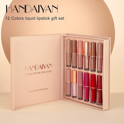 12 Colors Book Style Velvet Matte Liquid Lipstick Christmas Gift Set Long-Lasting Non-Stick Cup Not Fade Shimmer Nude Lip Gloss Thanks For the Love Lip Set (Set A)