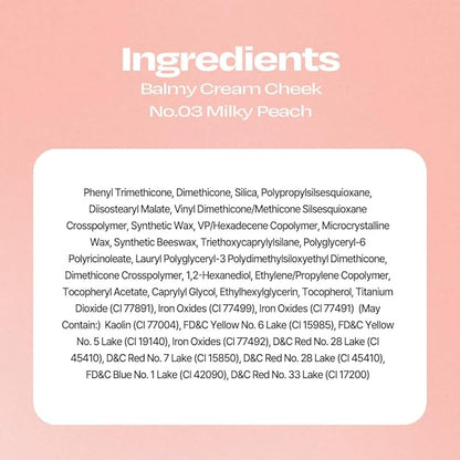 Balmy Cream Cheek | Lightweight, Natural Finish Cream Blush with Blurring Effect | 2.5g (No.3 Milky Peach)