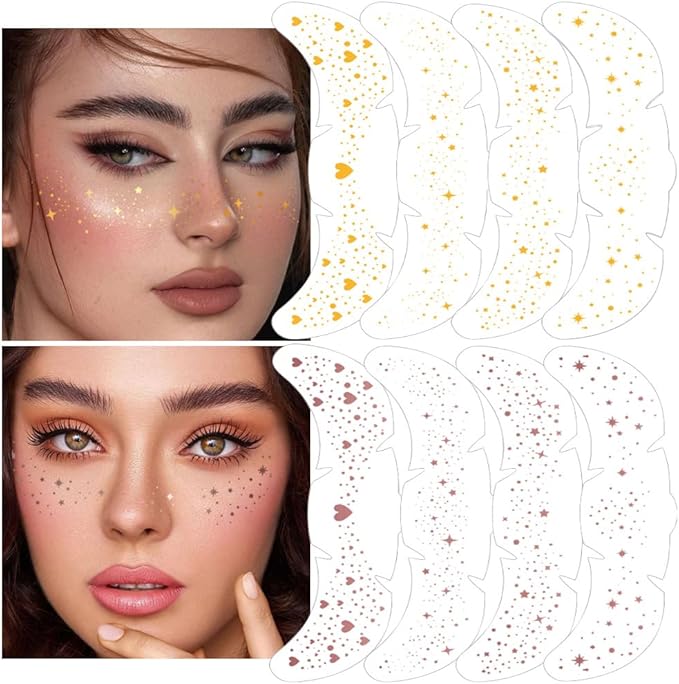 8Ps Face Glitter Speckles Patches, 2Colors 4styles Glitter Freckles Face Tattoo, Glow Up Makeup Patches, Cute Glitter Makeup Accessories for Women, Cosmetic Glitter for Face Gift