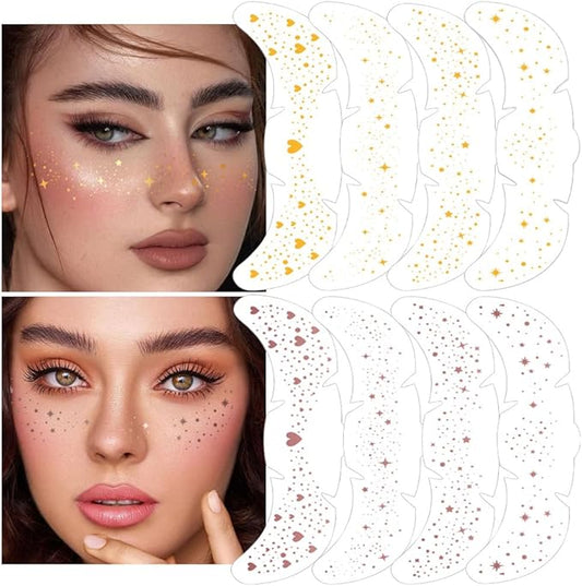 8Ps Face Glitter Speckles Patches, 2Colors 4styles Glitter Freckles Face Tattoo, Glow Up Makeup Patches, Cute Glitter Makeup Accessories for Women, Cosmetic Glitter for Face Gift