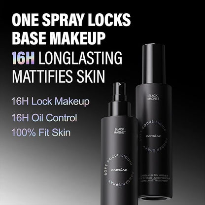 Black Magnet Soft Focus Powder+24H Longlasting Cover Liquid Foundation Makeup+Setting Spray, Summer Longwear Matte Face Makeup Set