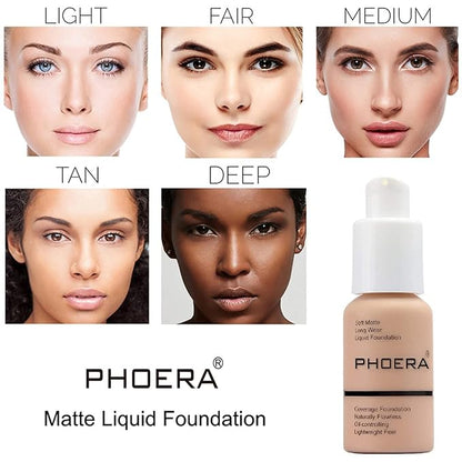 PHOERA Foundation Makeup for Wome Full Coverage Foundation Set,Face Primer Foundation Brush Powder Brush, PHOERA Foundation Face Powder, Soft Focus Setting Powder