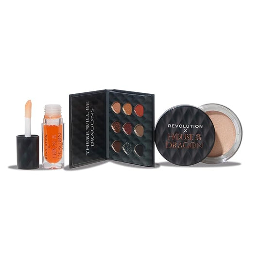 Revolution Beauty, House of Dragon x Revolution Dragon Glow Gift Set, Holiday Makeup Set with Eyeshadow Palette, Lip Oil & Highlighter Balm, Vegan & Cruelty-Free