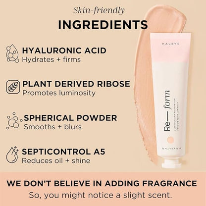 HALEYS Re-form Luminous Skin Foundation, VEGAN + CRUELTY-FREE, Blurs, Conceals, Blendable, Buildable Med-to-Full Coverage, Weightless, Oil-free, All-Day Wear, Hyaluronic Acid, All skin types (2.25)