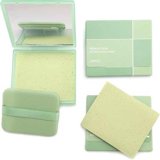 Erinde Oil Blotting Sheets for Face with Mirror and Puff, 300 Sheets Oil Blotting Paper for Oily Skin, Face Oil Absorbing Sheet, Natural Oil Control Film, Absorb Excess Oil, Makeup Friendly