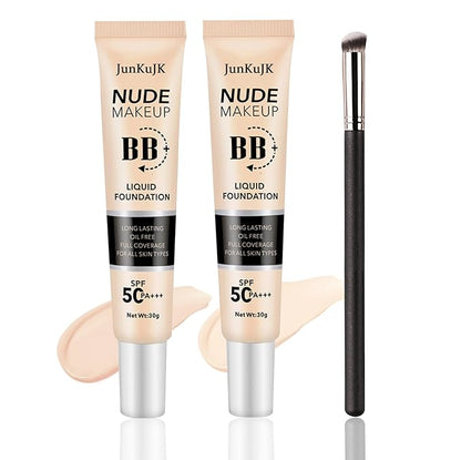 2PCS Hydrating BB Cream,Full Coverage Concealer Liquid Foundation for All Skin Types,Face Sunscreen SPF 50 PA++++ Long Lasting Moisturizing Oil Control Foundation Makeup Brush Set（Ivory & Natural）
