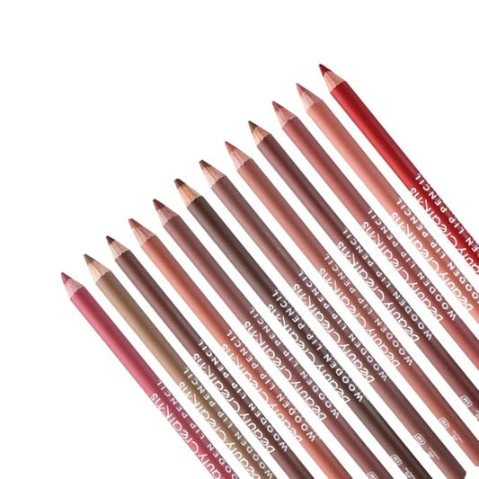 12 Colors Wooden Lip Liner Pencil Set, High Pigmented Soft Matte, Long Wearing, Deep and Rich in Color, Smudge Resistant
