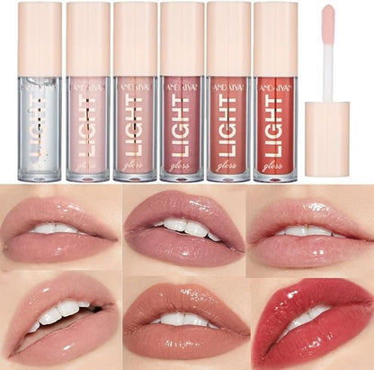 6PCS Lip Oil Light Lipgloss Set, Moisturizing Hydrating Lip Glow Oil Lip Gloss Kit High Shine Lip Plumping Glass Finish Lip Gloss Liquid Lipstick for Women (Set C)