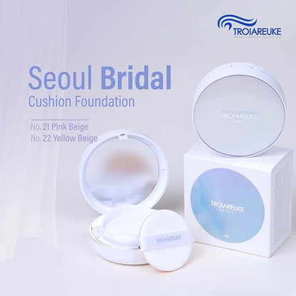 TROIAREUKE Seoul "Bridal" Cushion Foundation(#22, Yellow Beige), Korean Cushion Foundation, K-Beauty, Hydrating, Long-lasting, Lightweight, Natural Finish, Anti-Aging, Moisture, Whitening, SPF 50+