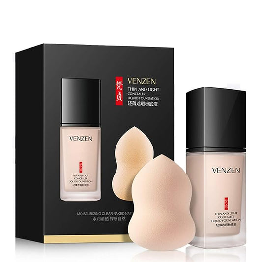 VENZEN Thin Light Concealer Liquid Foundation Waterproof Moisturizing Clear Naked Natural Long-Lasting Soft Texture Rubber Ring Delicate Colors (#01 NATURAL (6761))