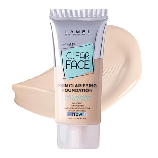 Oh My Clear Face Full Coverage Foundation for Oily & Acne Prone Skin, Salicylic Acid & Tea Tree Extract, Anti-Blemish Sensitive Skin Care, Organic & Oil-Free, 401 Soft Beige, 40 ml / 1.35 fl.oz