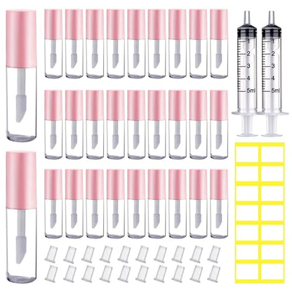 AMORIX 50PCS Mini Lip Gloss Tubes with Wand 1.2ml Empty Lip Gloss Containers Refillable Travel Lip Balm Tubes for Samples with 5ml Syringes DIY Lip Gloss Base + Labels (Pink)