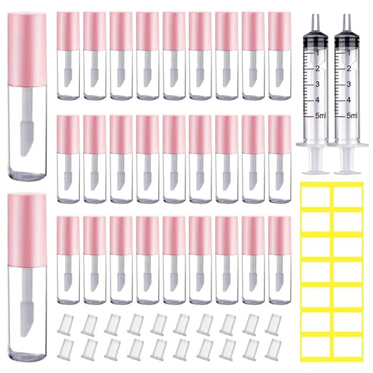 AMORIX 50PCS Mini Lip Gloss Tubes with Wand 1.2ml Empty Lip Gloss Containers Refillable Travel Lip Balm Tubes for Samples with 5ml Syringes DIY Lip Gloss Base + Labels (Pink)