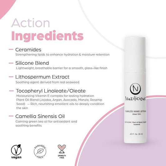 Professional Grade Flawless Makeup Primer – Achieve Dewy Skin & Effortlessly Blend Makeup with Luxurious Plant Oil Blend, Ceramide & Seaweed Extracts, Vegan & Cruelty-Free, 0.25 oz