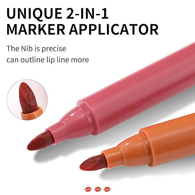 2 Color Lip Stain Tip Marker Set,Hydrating & Long Lasting Lip Liner Stain Waterproof Smudgeproof Lip Tint Matte Lip Maker with Easy Drawing Tip (Pumpkin + Cherry)