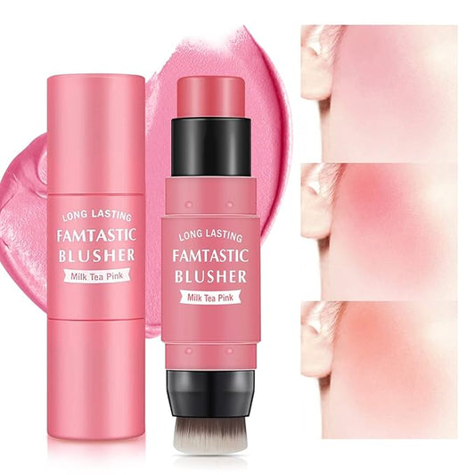 Cream Blush Stick for Cheeks - 2 in 1 Multi Makeup Blush with Brush for Cheeks Tint & Eyes & Lips, Waterproof Smooth Creme Texture, Long-lasting Wear All Day, #01 Cherry Pink