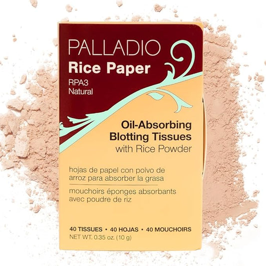 Palladio Rice Paper Facial Tissues for Oily Skin, Face Blotting Sheets Made from Natural Rice, Oil Absorbing Paper with Rice Powder, 2 Sided, Instant Results, Natural, 40 Count (Pack of 3)