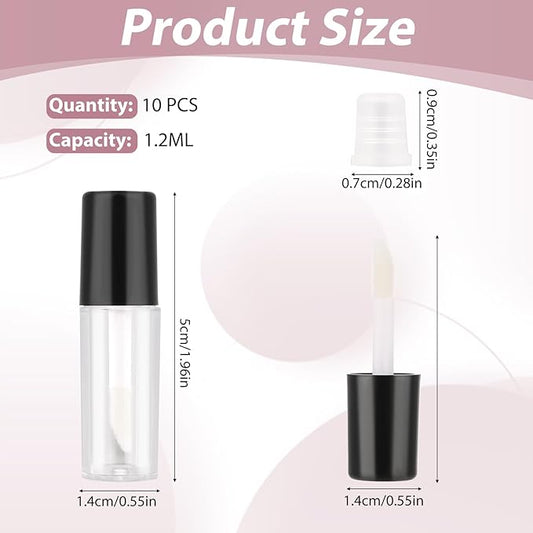 Molain 10pcs Empty Lip Gloss Tubes, 1.2ml Mini Refillable Cosmetic Containers Bottles Lip Balm Bottles for Lipstick Samples, Lip Balms(Black tube cap)