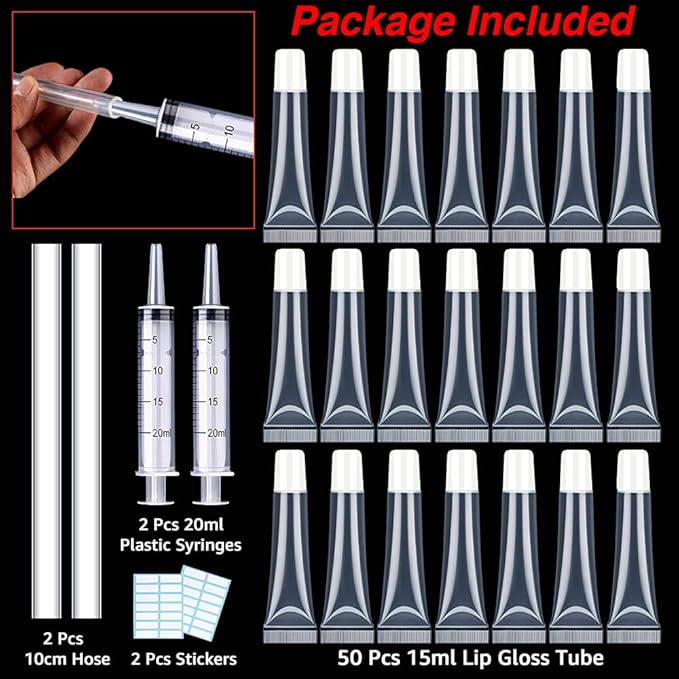 AMORIX 50PCS Lip Gloss Tubes 15ml White Lip Gloss Containers Empty Lip Balm Tubes Refillable Cosmetic Squeeze Lipgloss Tubes + 2 x 20ml Syringes Tag Labels for DIY Lip Gloss Base Glitter