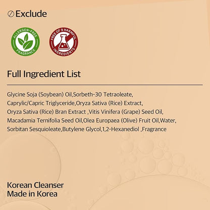 FABYOU Rice Pore Control Cleansing Oil 6.76 fl oz – Korean Skin Care for Deep Pore Cleansing, Moisturizing & Nourishing, Hypoallergenic, Plant-Based Oils, for Clear and Smooth Skin