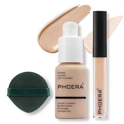 2PC Foundation Makeup&Liquid Concealer,Naturally Liquid Foundation,Full Coverage Mattle Oil-Control Concealer,Multi-Use Makeup Concealer for Acne,Dark Circles(A102+102, 30ml+3ml)