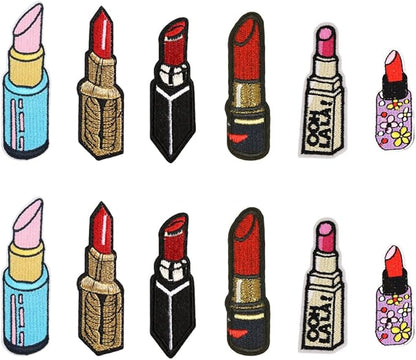 JKJF 12 Pcs Lipstick Embroidery Patches Lipstick Iron on Patches Sexy Cosmetic Sew On Applique Badge for Clothes Backpack Shoes Jacket Jeans Hat Dress - 6 Styles