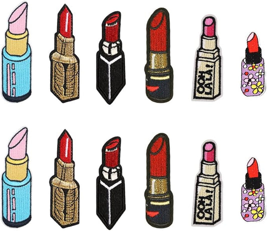 JKJF 12 Pcs Lipstick Embroidery Patches Lipstick Iron on Patches Sexy Cosmetic Sew On Applique Badge for Clothes Backpack Shoes Jacket Jeans Hat Dress - 6 Styles