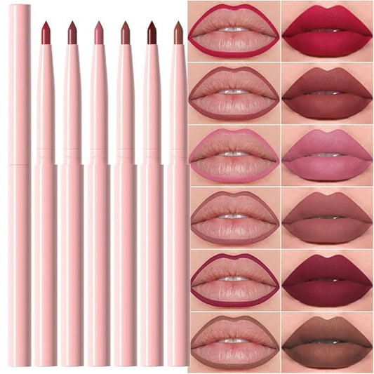 Kaely 6Pcs Retractable Lip Liner Pencils Set for Shaping & Sculpting Lips, Ruby Mauve Red Rose Nude Pink Plum Purple Taupe Brown Creamy Matte Velvet Pigmented Rich Lip Colors Liner Crayon Lipstick 02