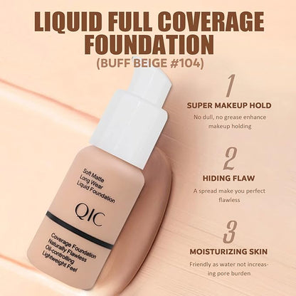 All In One Makeup Kit - Naked Eyeshadow (12 Colors), Liquid Foundation, Lipstick Set, Mascara, Makeup Brush, Sponge, Eyebrow Powder, Eyeliner Stamp (#104)
