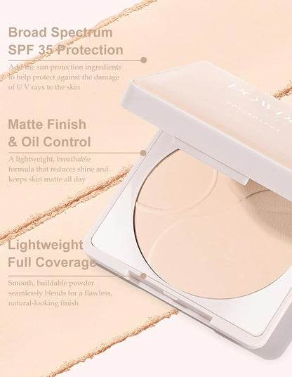 Pressed Mineral Powder Foundation Palette 4-in-1 SPF 35 Concealer Setting Makeup Matte Finish Lightweight Buildable Coverage Oil Control Sun Protection for Women Daily Use