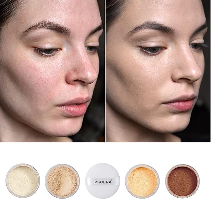 2 Pcs PHOERA Setting Powder, Control Oil Brighten Skin Color Cover Blemish Whitening Face Setting Loose Powder。 (01# Translucent & 02# Cool Beige)