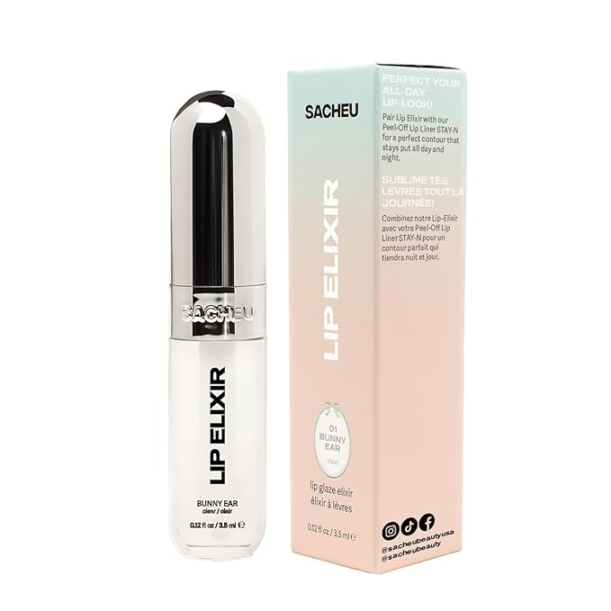 Sacheu Lip Elixir Nourishing and Hydrating Lipgloss — Moisturizing Plumping Lip Gloss Enriched with Collagen, Non-Sticky Lip Color Smooth High-Shine Finish, Vegan & Cruelty-Free, Clear & Sheer Pink