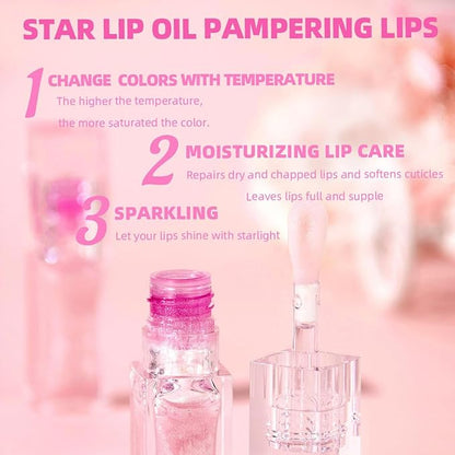 Magic Color Changing Lip Oil Ph, Glitter Lip Gloss, Upgraded Big Brush Head Moisturizing Lip Oil Long Lasting Nourishing Lip Glow Oil Non-Sticky Primer Lip Tint (Pink)