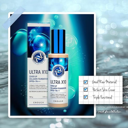 Enough Ultra X10 Cover Up Collagen Foundation, Hydrating Foundation for Dry Skin, Korean Skin Care Tinted Moisturizer Sunscreen, Makeup Cosmetics for Women SPF 50+ PA+++ 3.53oz (#23 Natural beige)